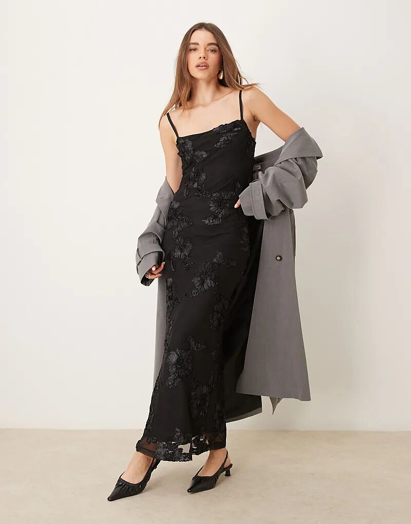 

Платье макси Gina Tricot на бретелях с прозрачным жаккардовым верхом черного цвета