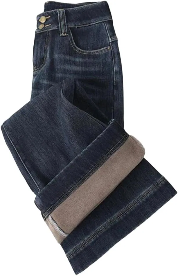 Джинсы клеш с начесом, Women's Warm Thickened Retro Pocket Low Waist Double Button Fleece Lined Flare Jeans, Height 157cm-162cm