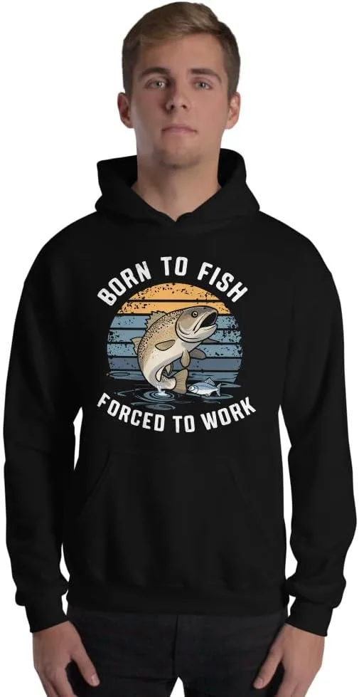 Толстовка унисекс с принтом "Born to Fish but Forced to Work", смешная ретро футболка про рыбалку Generic, черный