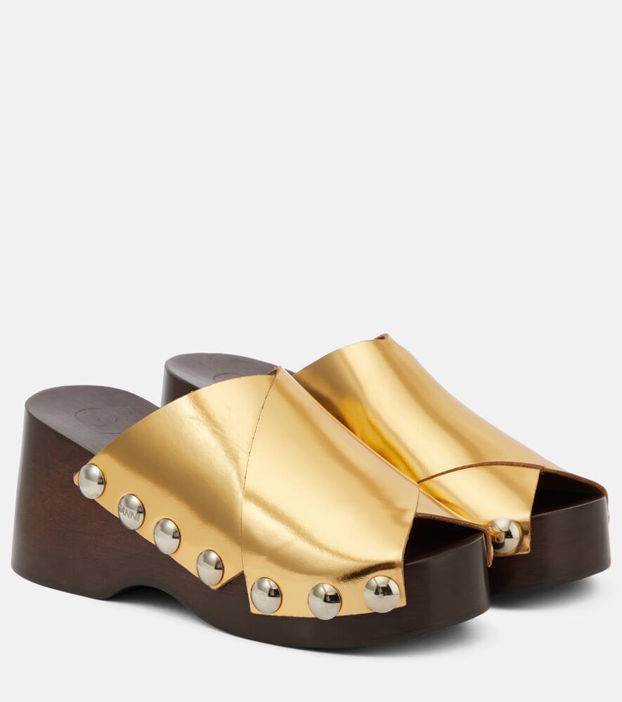 Украшенные кожаные клоги с металлическим эффектом Ganni, Gold