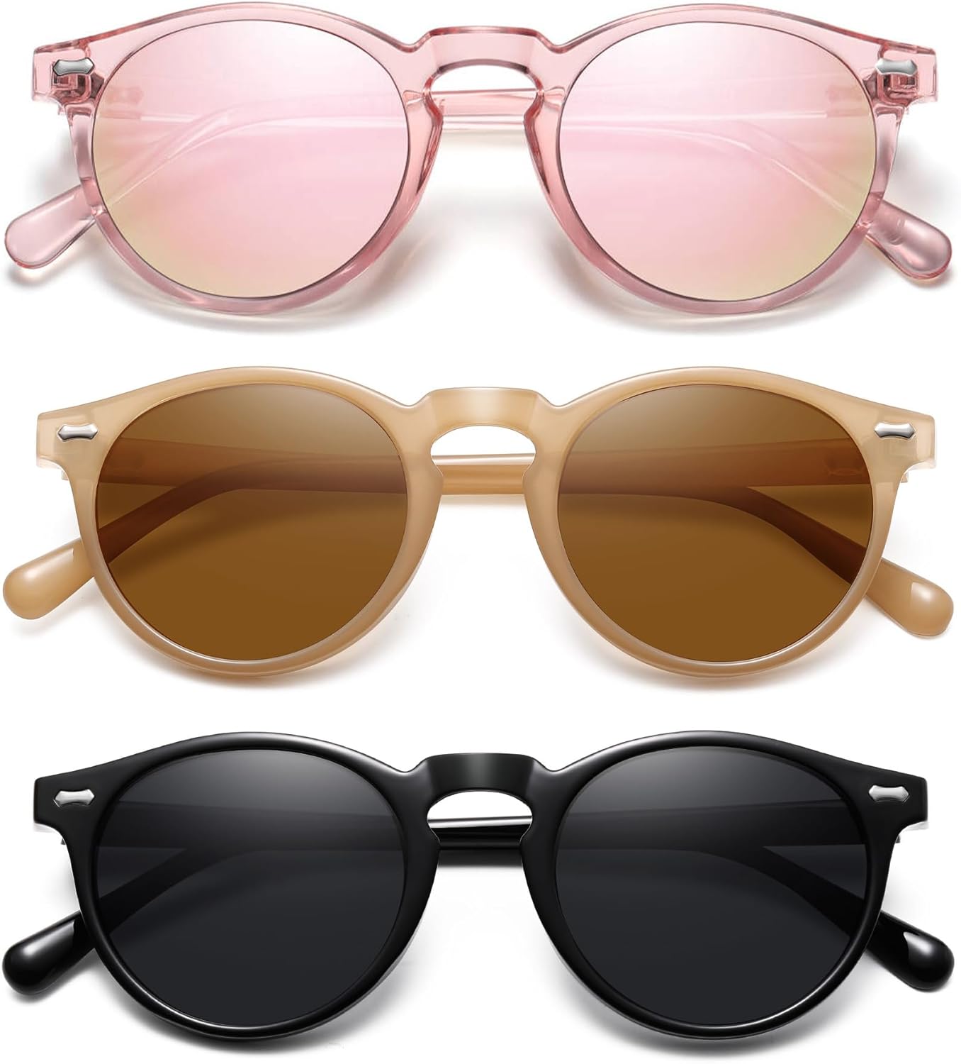 

Ретро маленькие круглые поляризованные солнцезащитные очки для женщин в винтажном стиле, защита от УФ-излучения YMRFW, 3pack（black/Gray+clear Pink/Pink Mirror+milk Coffee/Tea Lens)