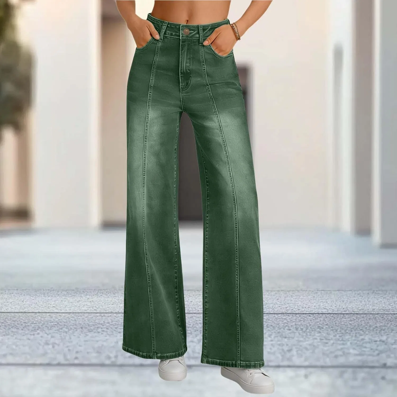 Джинсы свободные с высокой талией, Army Green — фото 2
