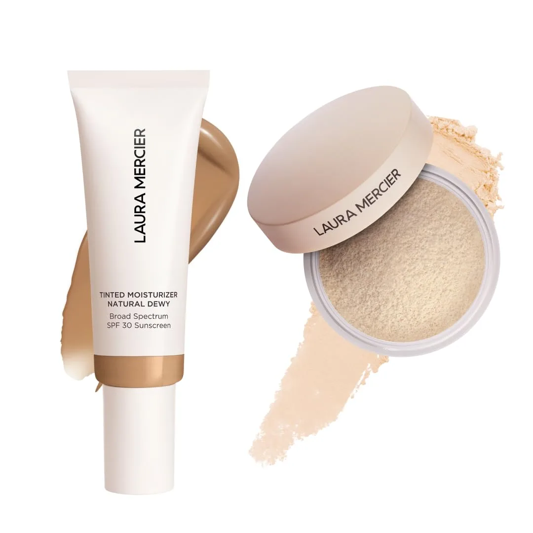 Laura Mercier Tinted Moisturizer Natural Dewy с SPF 30, 24-часовая гидратация, оттенок 4C Hazel и рассыпчатая пудра Translucent Loose Talc-Free Setting Powder Ultra-Blur с гиалуроновой кислотой, оттенок Translucent
