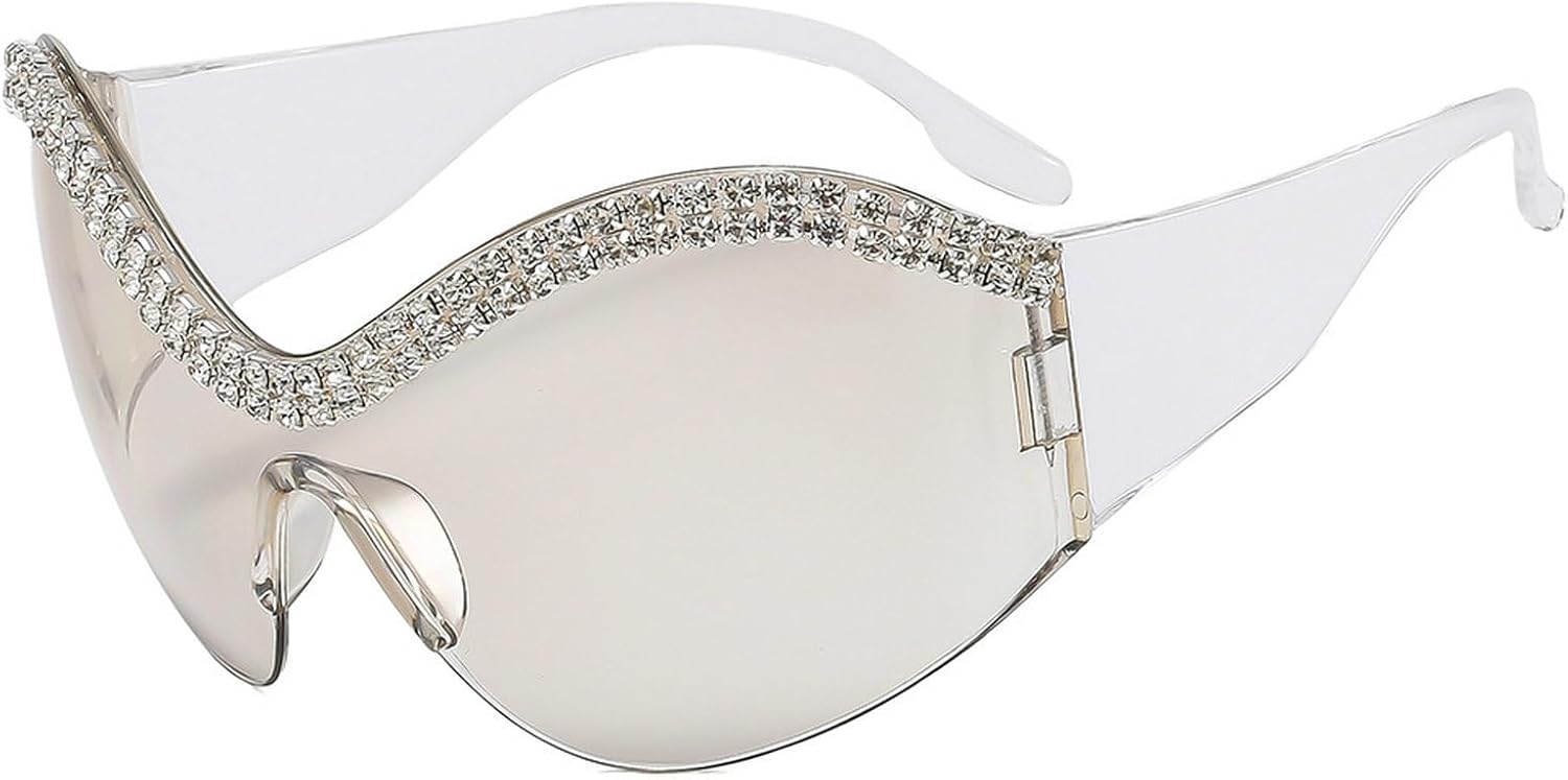 

Модные солнцезащитные очки-маска со стразами для женщин и мужчин, большие, серебристые, зеркальные, футуристические, в форме щита, с бриллиантовым блеском mincl, Clear