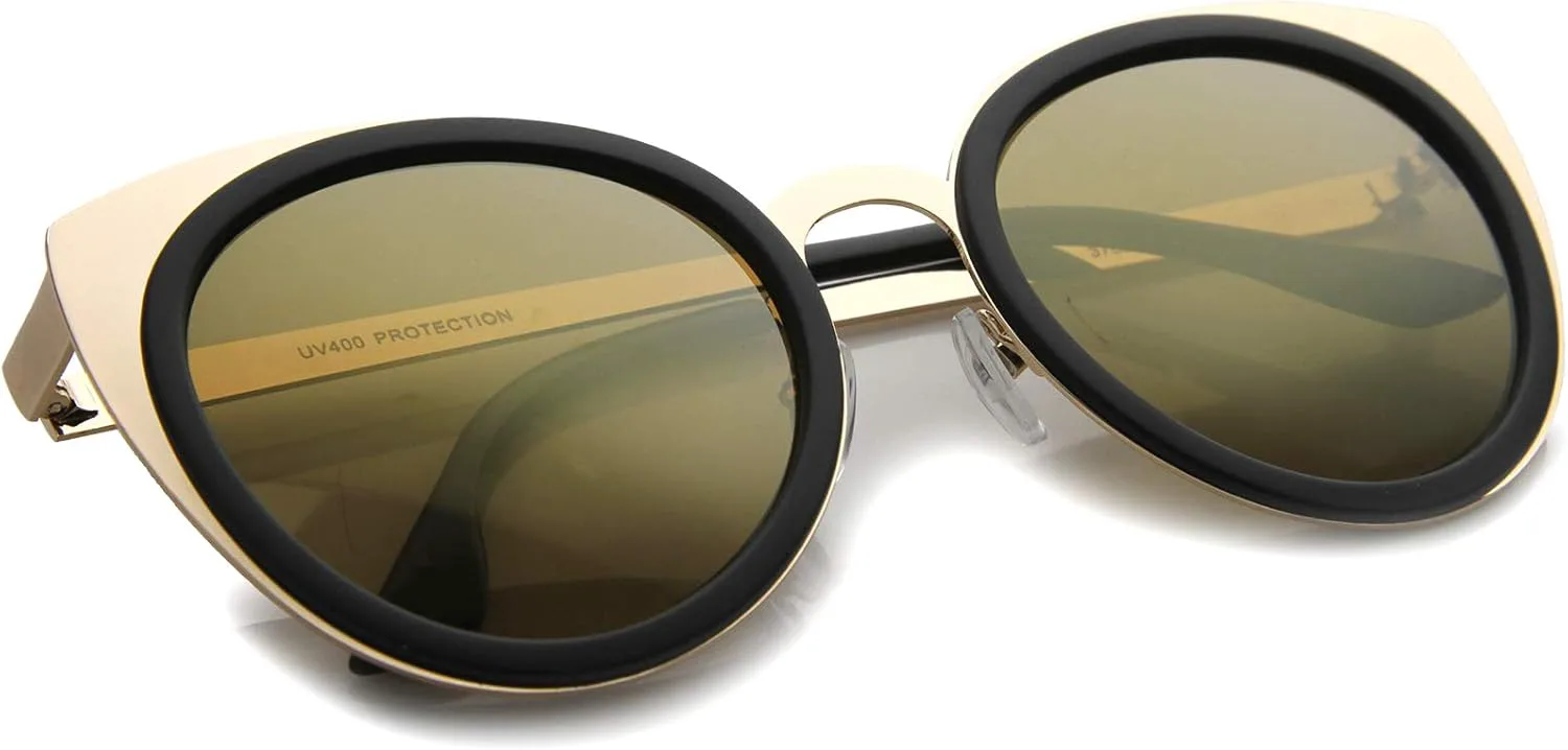 

Женские солнцезащитные очки zeroUV «кошачий глаз» с двухцветными металлическими усиленными зеркальными линзами, диаметр линз 54 мм, Black-gold / Gold Mirror