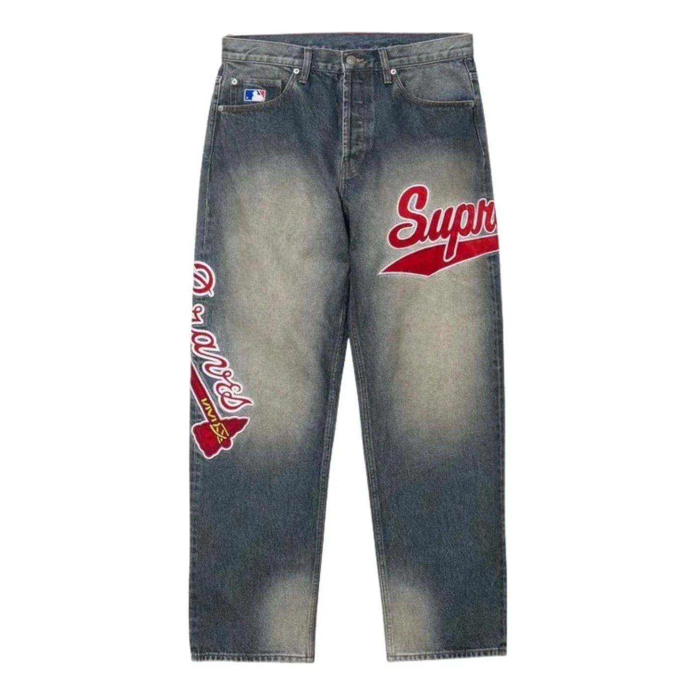 Джинсы Supreme x Mitchell & Ness SS26 Atlanta Braves свободного кроя, цвет «синий» SUP-SS26-283