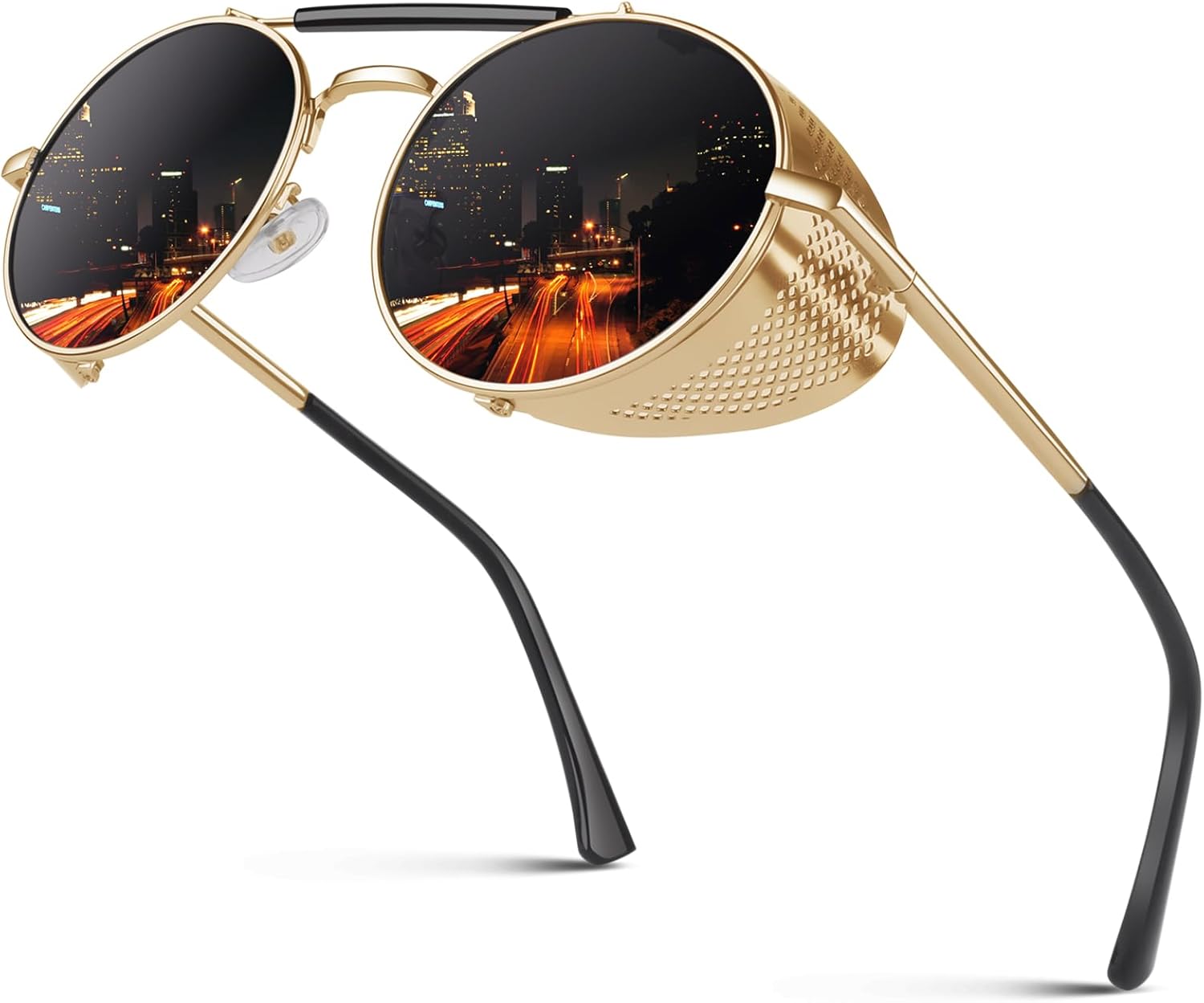 

Солнцезащитные очки CGID в стиле ретро-стимпанк, круглые, поляризованные, для мужчин и женщин, с металлическими боковыми щитками, защита от УФ-излучения UV400, Gold Frame / Grey Lens