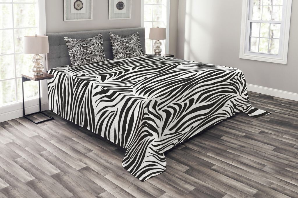 

ABAKUHAUS Черно-белое покрывало, линии Wild Zebra Lines, комплект с моющимися наволочками, для односпальных кроватей 264 x 220 см, белый черный