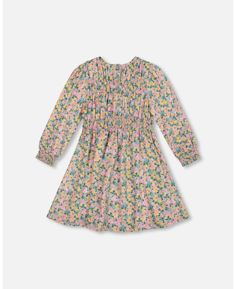 

Детское вискозное платье с присборенной юбкой, зеленое, с цветочным принтом - для малышек/детей Deux par Deux, Green flower print