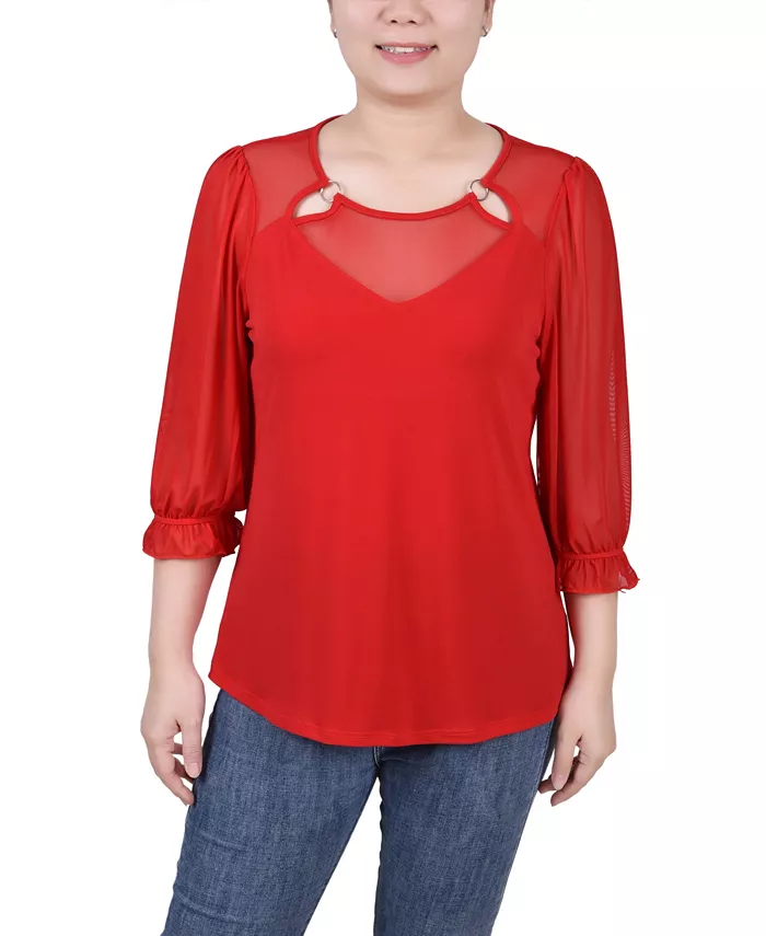

Миниатюрный сетчатый топ с рукавами 3/4 NY Collection, красный