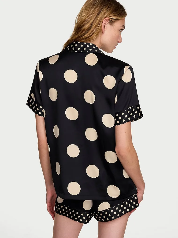 Фирменный атласный короткий пижамный комплект Victoria'S Secret, Signature Satin Black & Tan Dots — фото 3