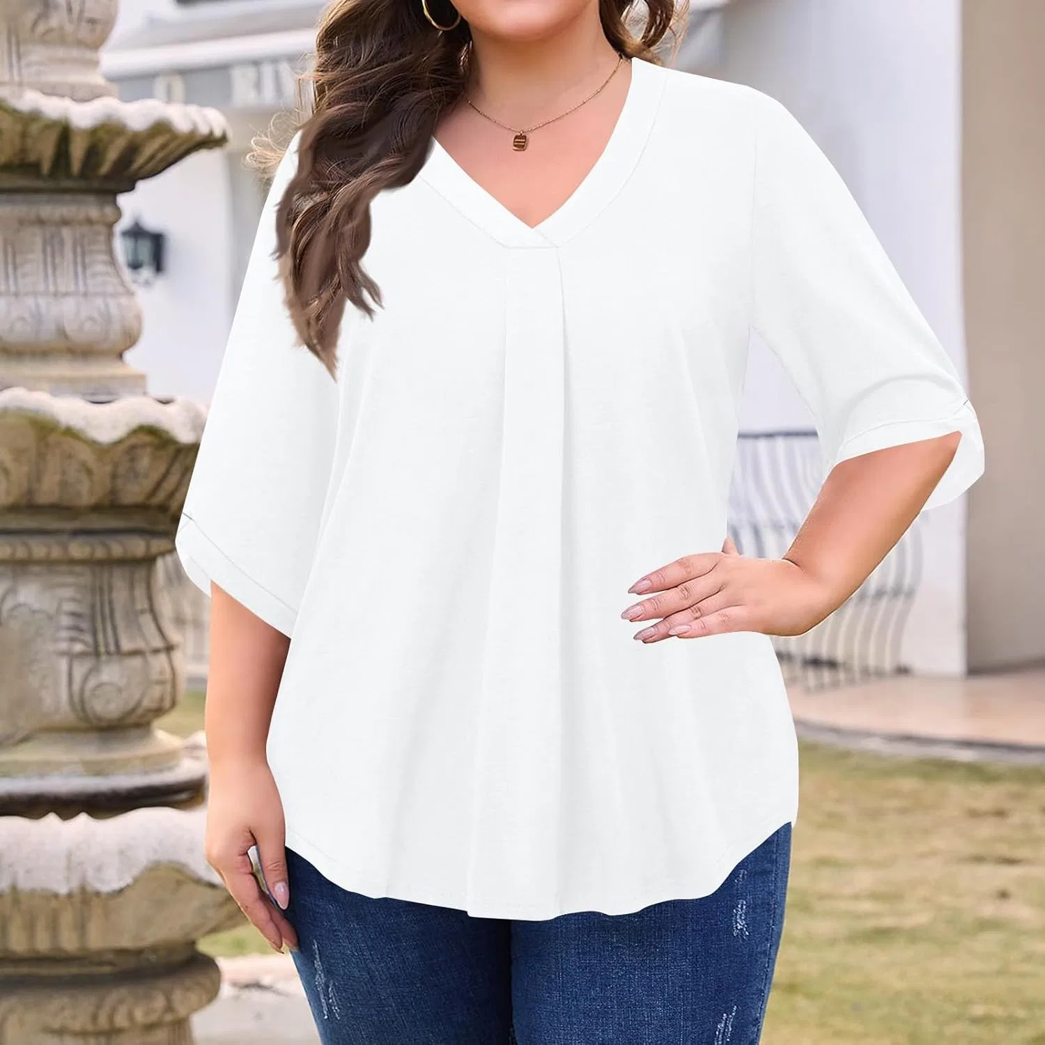 Generic Топы больших размеров с рукавами 3/4 для женщин, модные футболки с V-образным вырезом, рубашки, нарядные, повседневные, свободные блузки для работы с рукавами три четверти, A05 White — фото 3