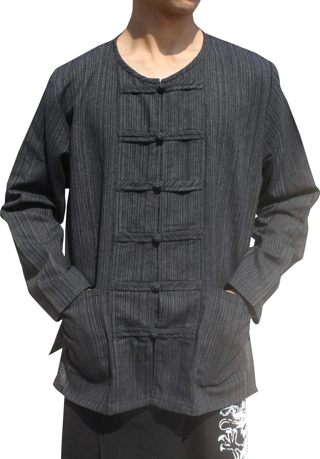 

RaanPahMuang бренд полосатая хлопковая рубашка с китайским воротником и длинными рукавами на пуговицах