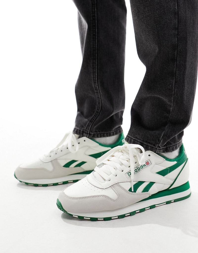 

Белые кроссовки Reebok Classic Leather 1983 Vintage с зеленой отделкой, Зеленый, Белые кроссовки Reebok Classic Leather 1983 Vintage с зеленой отделкой