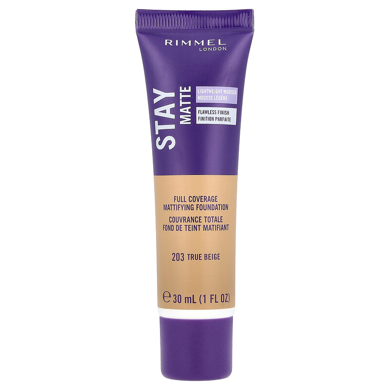 

Rimmel London, Stay Matte, Full Coverage Mattifying Foundation, 203 True Beige, 1 fl oz (30 ml)