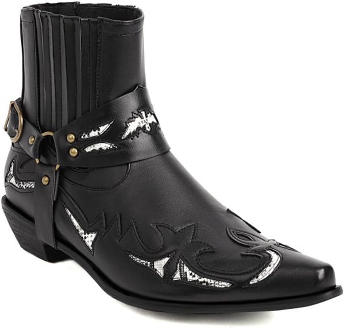 

Мужские ковбойские ботинки Классические вышитые западные ботинки Скользящие носки с заостренным носком Толстый каблук Ботинки до щиколотки Abborora, черный