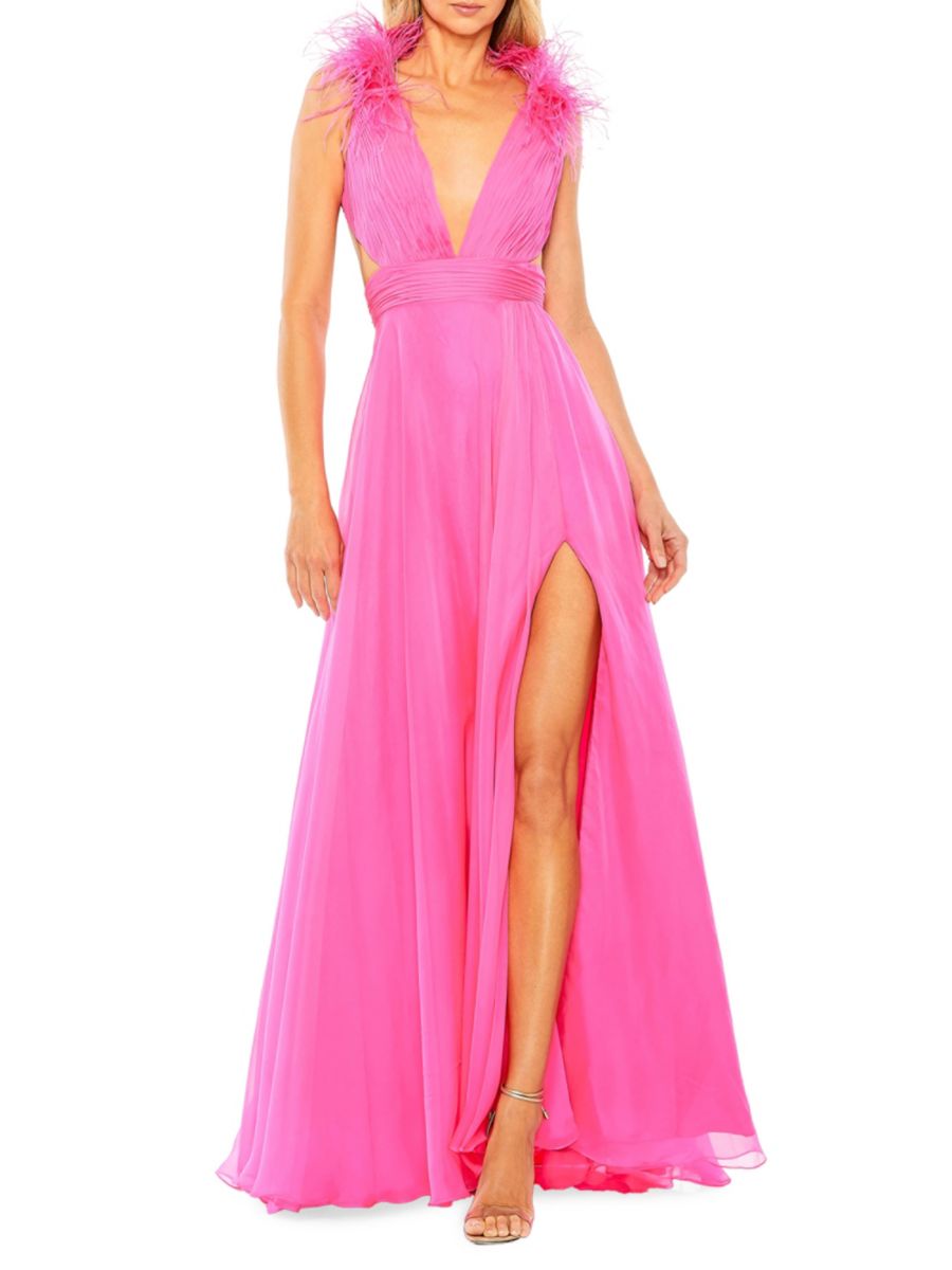 

Платье с глубоким вырезом, отделанное перьями Mac Duggal, цвет Hot Pink