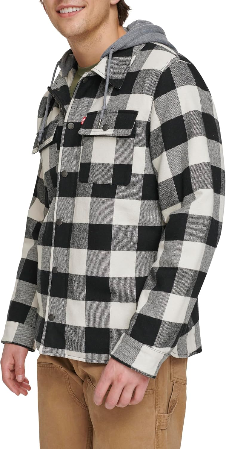 Мужская клетчатая куртка-рубашка Levi's с капюшоном и подкладкой из шерпы (стандартные размеры, большие и высокие), White Black Buffalo Plaid — фото 2