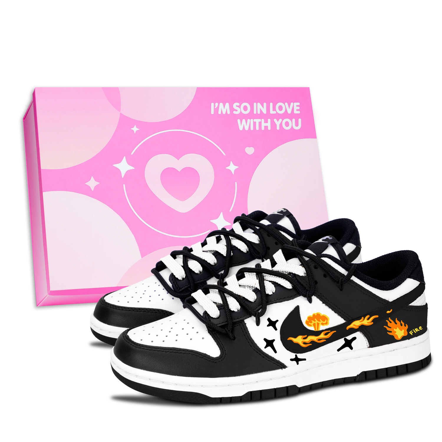 

Nike Dunk Black White, Flame Star Passion - износостойкие низкие скейтбордистские кроссовки унисекс, черный