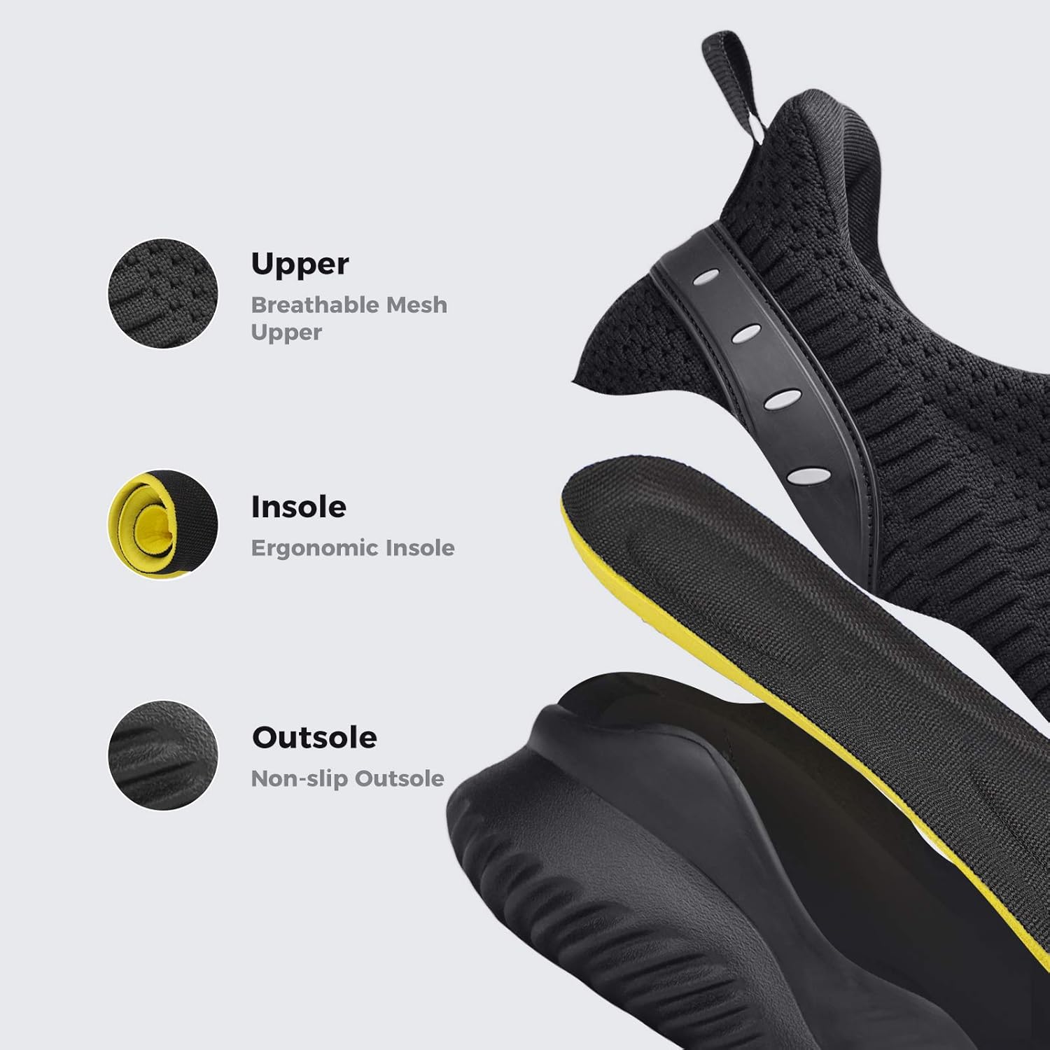 Кроссовки Flysocks для мужчин с легкой посадкой, нескользящие кроссовки, легкие дышащие сетчатые кроссовки для повседневной носки, тенниса, бега и ходьбы, черный — фото 4
