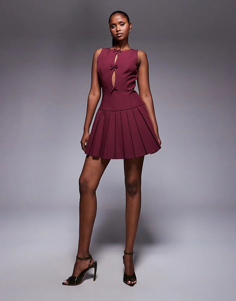 

Эксклюзивное мини-платье Kaiia с вырезом и бантом, плиссированная юбка, бордового цвета