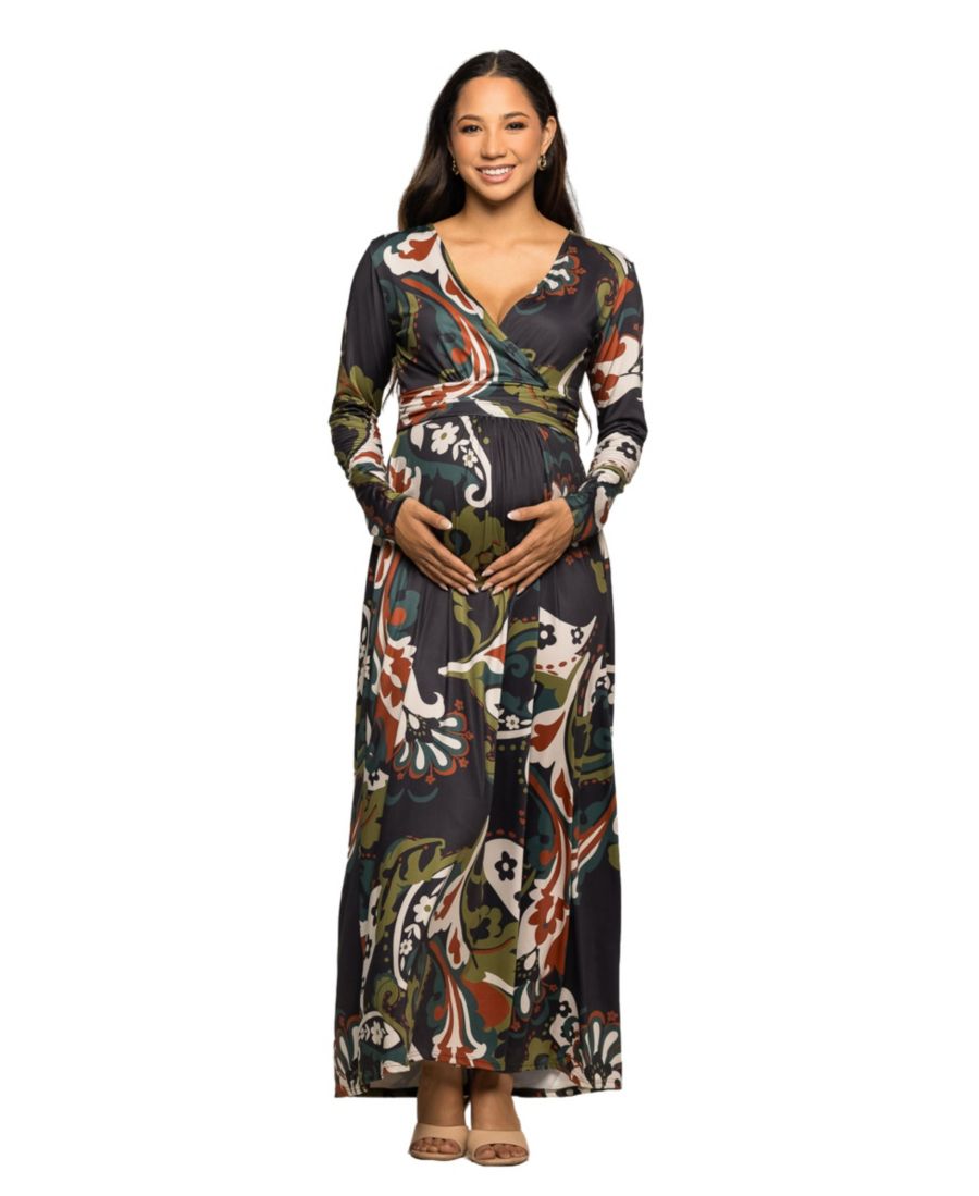 

Женское длинное платье для беременных с длинными рукавами и запахом, зеленое, с узором пейсли 24seven Comfort Apparel, Green Multi