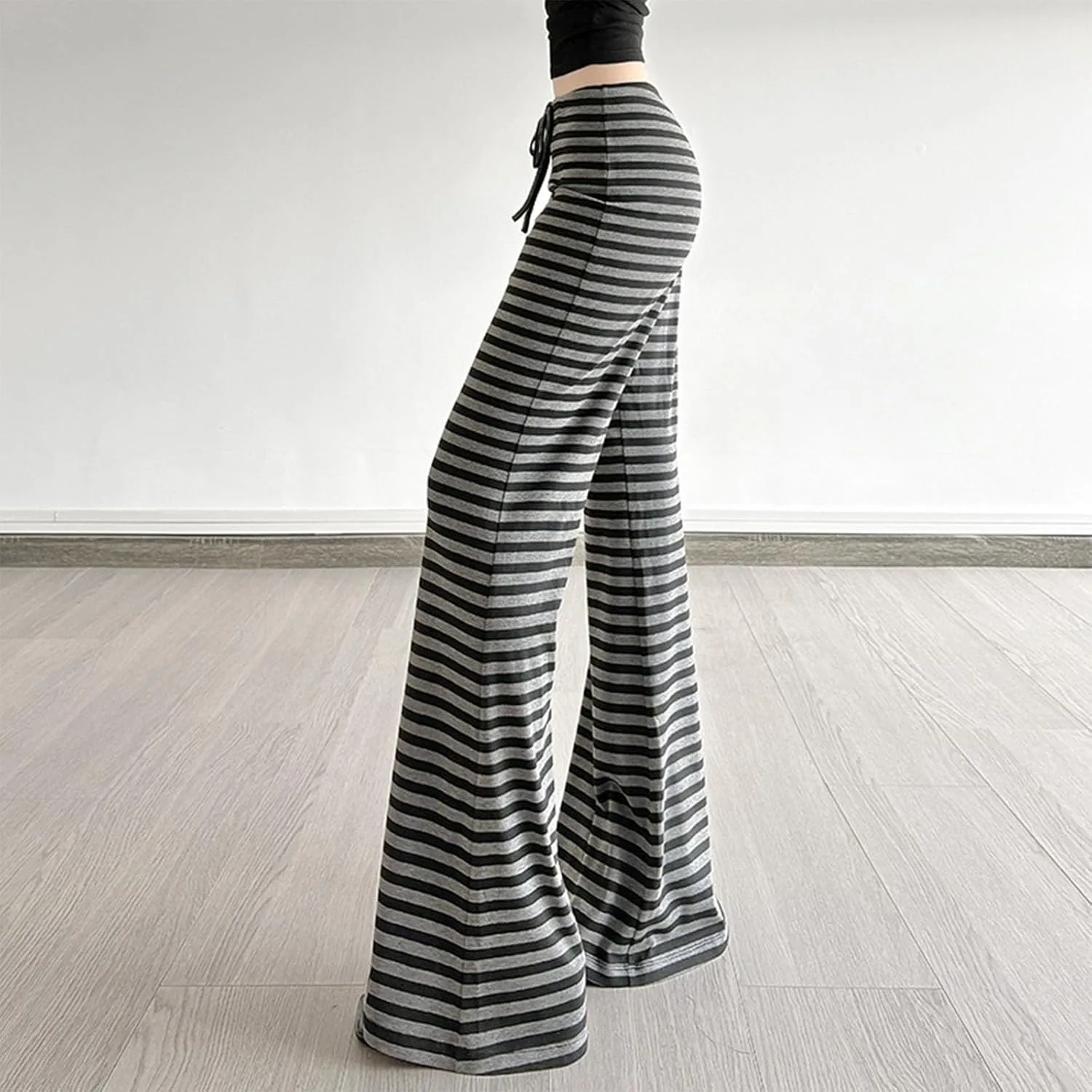 Женские расклешенные брюки Bell Bottoms с широкими штанинами и высокой посадкой, эластичные модные Y2K штаны для отдыха, тренировок и йоги Generic, черный — фото 3