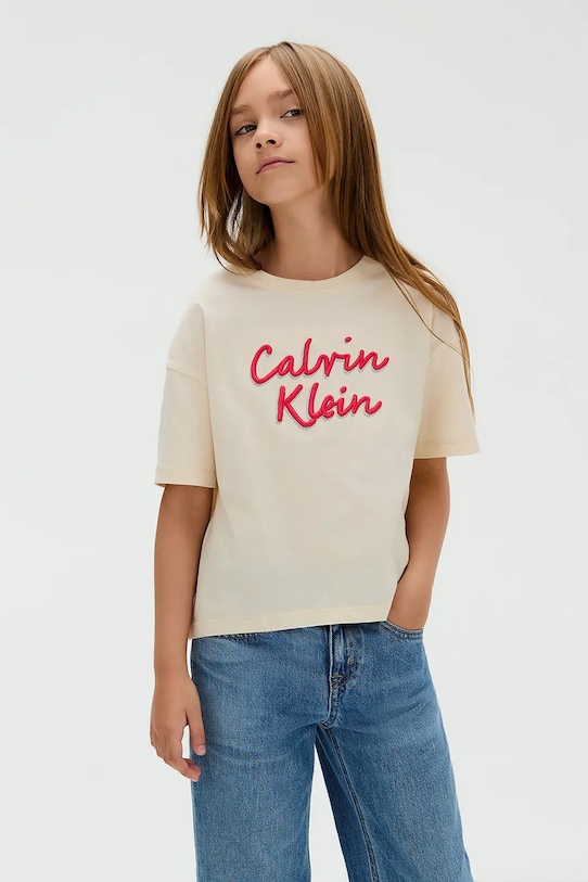 

Детская хлопковая футболка Calvin Klein Jeans, бежевый