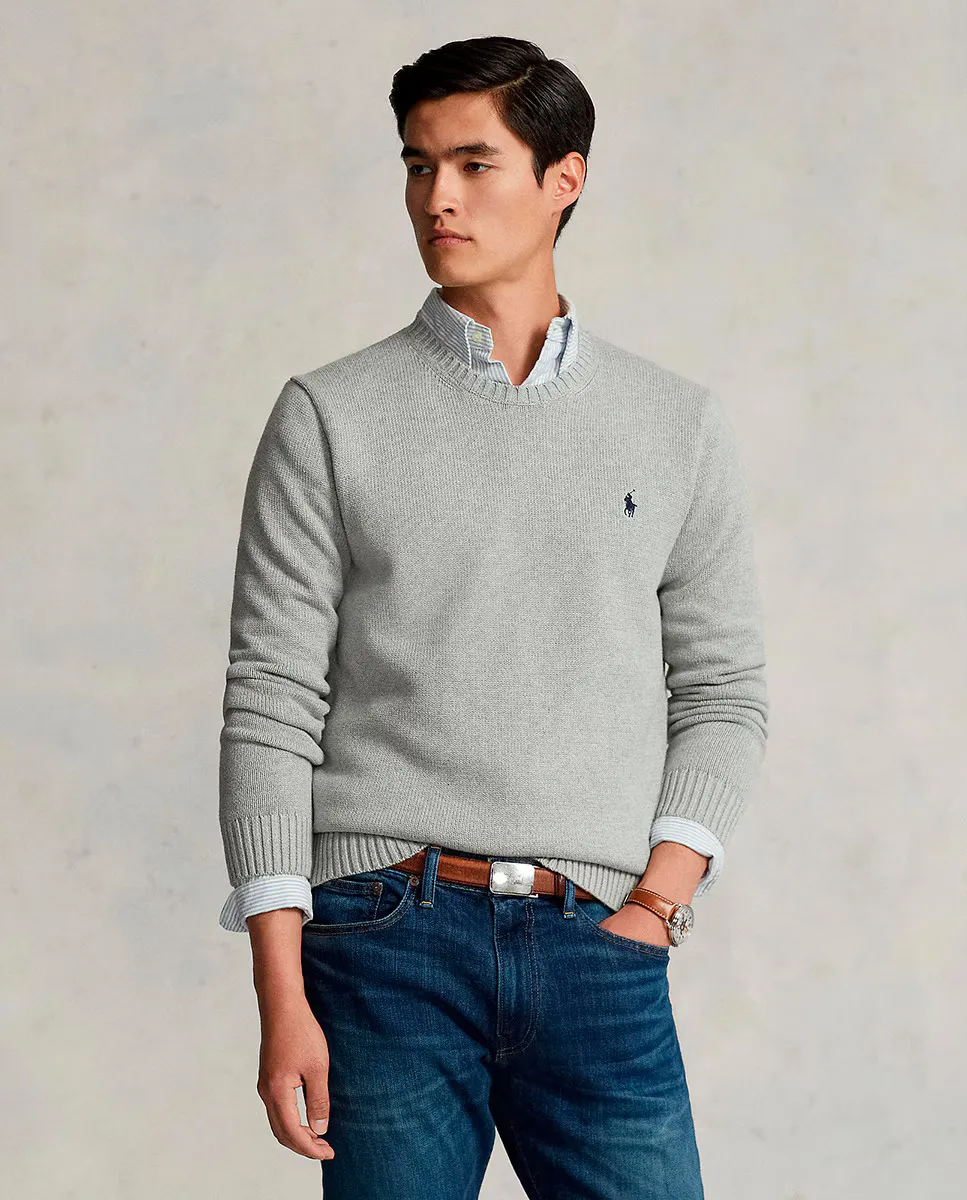 

Хлопковый мужской свитер с круглым вырезом Polo Ralph Lauren, светло-серый