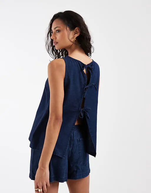 

Чернильный джинсовый топ-ракушка с завязками на спине ASOS DESIGN
