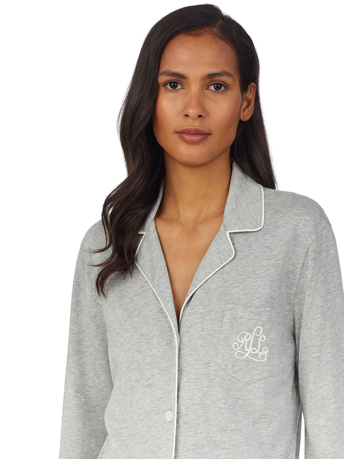 Пижама с длинными рукавами и воротником-стойкой Lauren Ralph Lauren, серая — фото 4