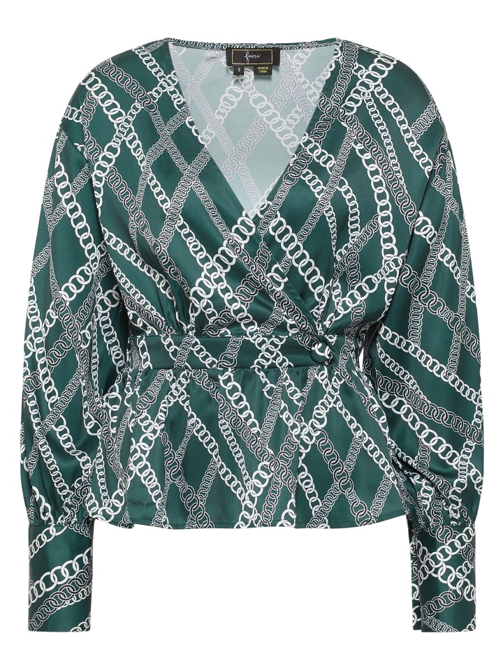 

Женская блузка темно-зеленого цвета с разноцветными вставками faina