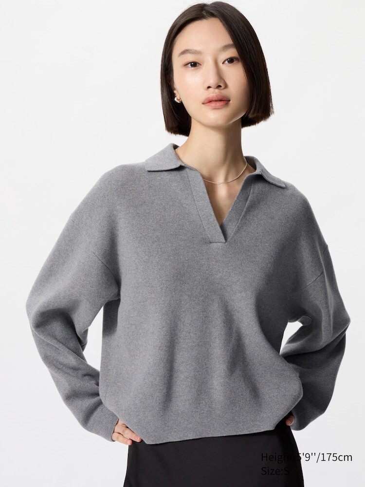 

Свободный джемпер-поло из гладкого хлопка Uniqlo, цвет 03 серый