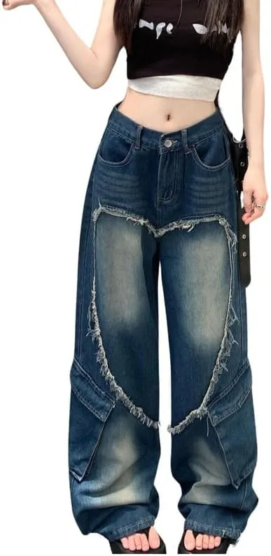 

Hopecn женские мешковатые джинсы Y2K с высокой талией, готические штаны с широкими штанинами и аппликацией в виде сердца HOPECK