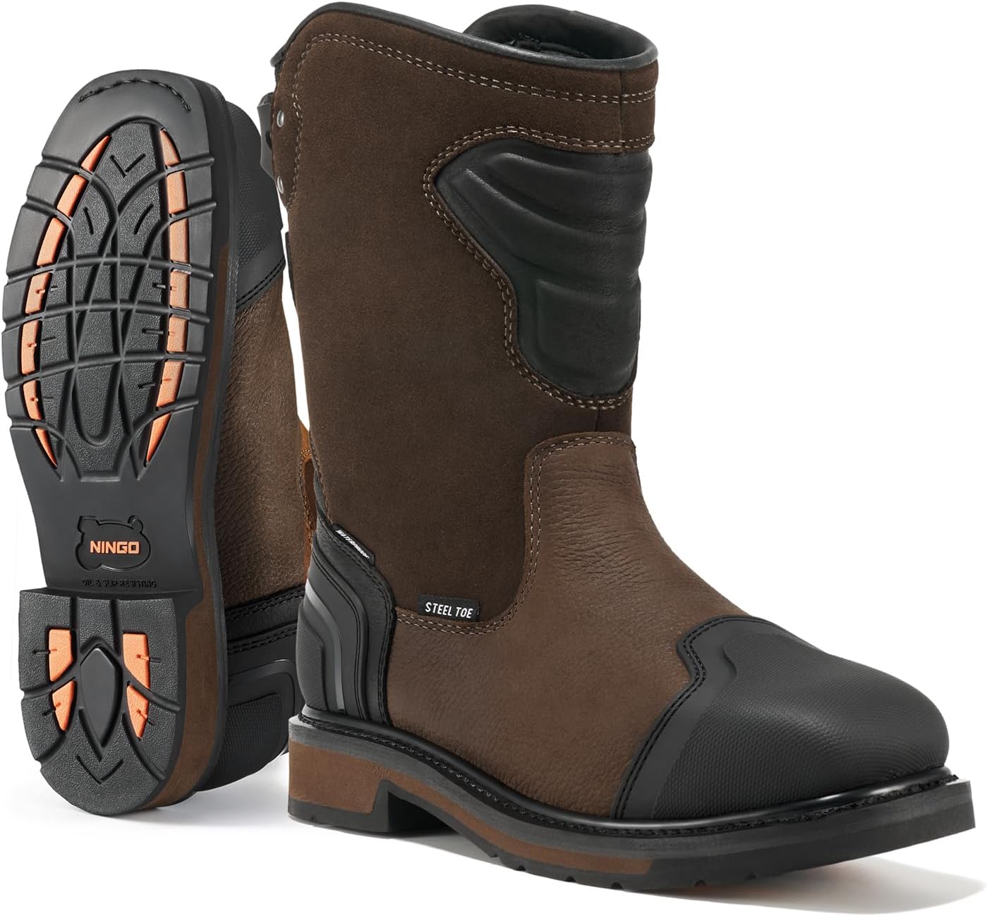 

Ботинки NINGO с стальным носком для мужчин, водонепроницаемые защитные ботинки с полной защитой, мужские ботинки с квадратным носком, устойчивые к скольжению и с защитой EH, для промышленного использования и мотоциклов, коричневый