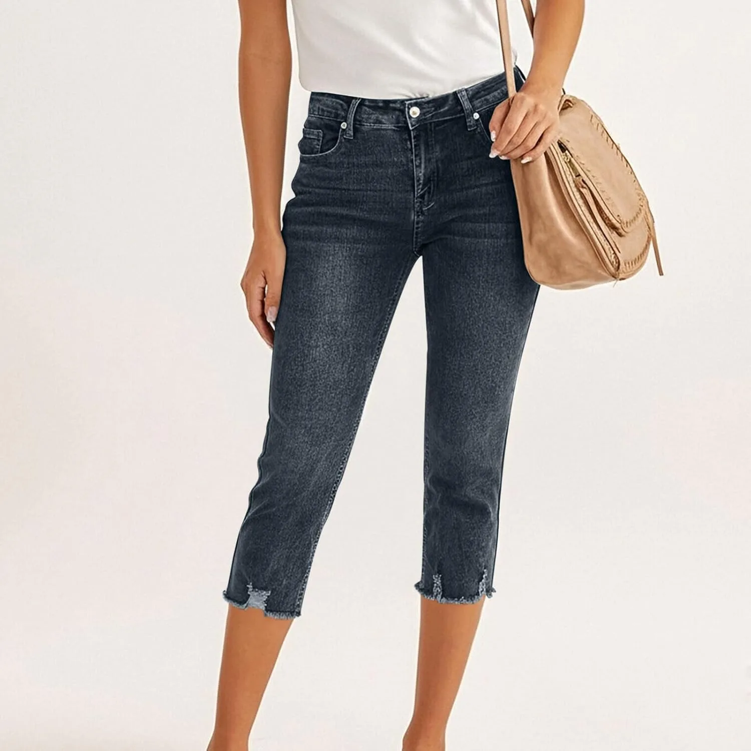 Женские капри джинсы Trendy Stretch Mid Rise с рваным краем — фото 3