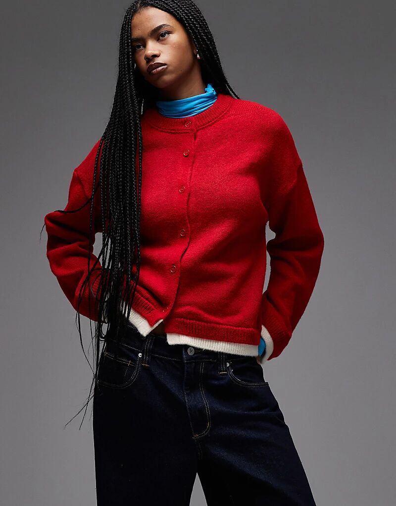 

Вязаный кардиган оверсайз ASOS DESIGN двухслойного цвета красного цвета