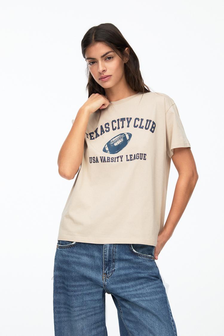 

Футболка с графическим принтом «Varsity Texas» Pull And Bear, бежевый