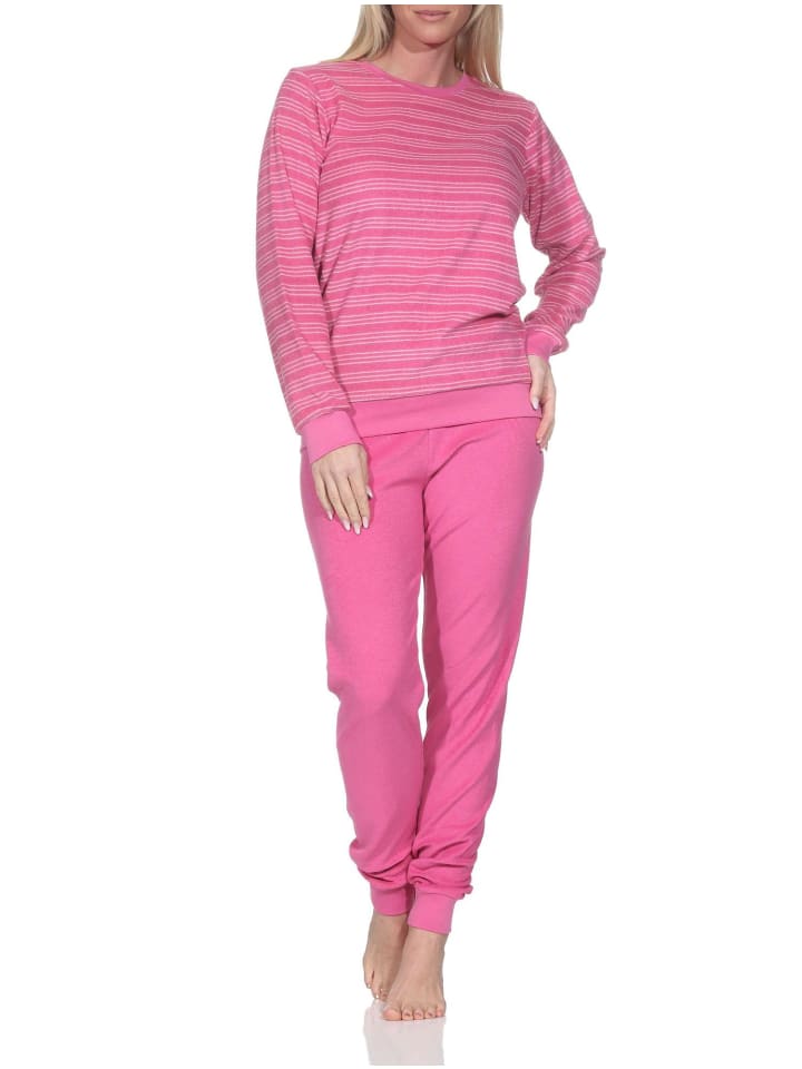 

NORMANN Пижама из махровой ткани с длинными рукавами, манжетами и полосатым узором, розового цвета
