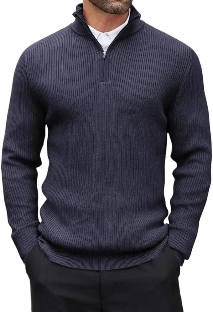 

Мужской свитер-пуловер с воротником стойкой и четвертной молнией