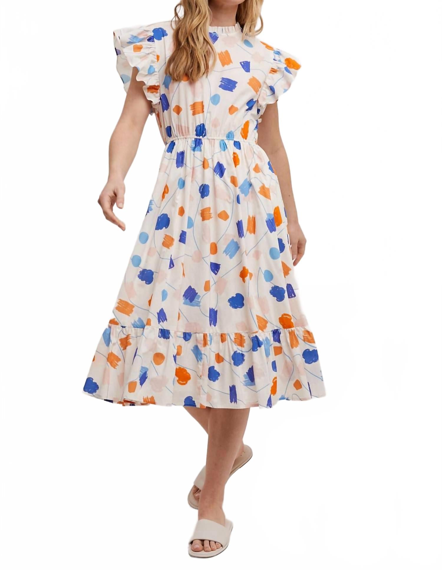 

Платье с геометрическим принтом и оборками на рукавах, цвет белый, многоцветный Fun 2 Fun, White Multi