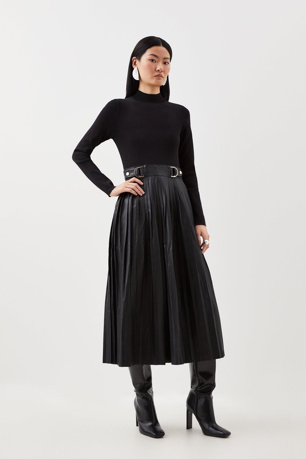 

Платье миди с плиссированной юбкой из искусственной вязки Karen Millen, черный