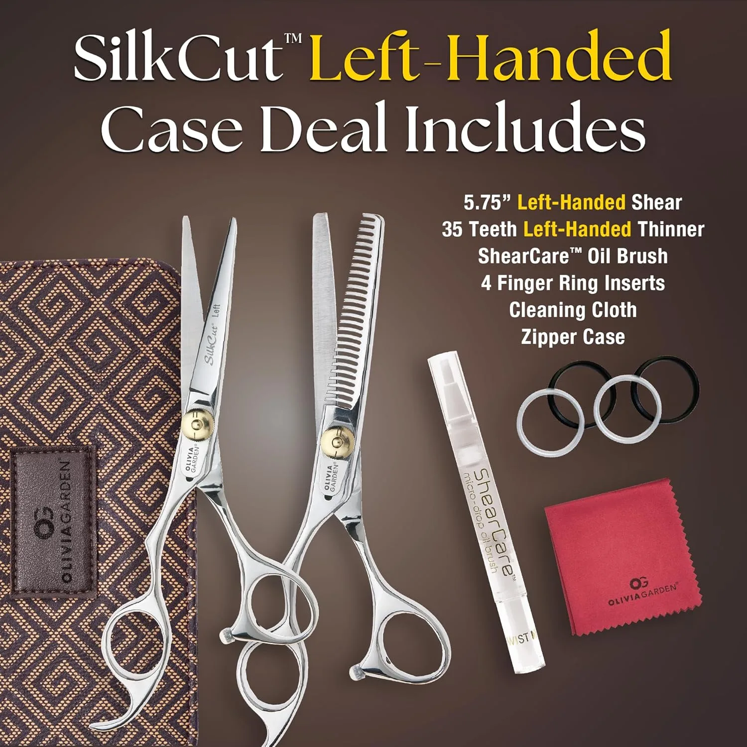 Набор для начинающих Olivia Garden SilkCut Shears - включает профессиональные ножницы для стрижки волос, филировочную машинку, футляр и аксессуары - острые как бритва ножницы для левшей 5.75" для левшей (модель SK-C02L), Silver — фото 2