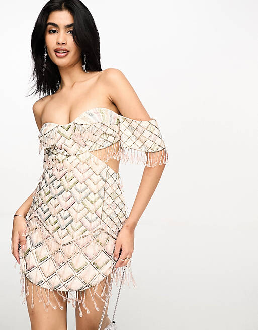 

Разноцветное платье-бандо с отделкой шевроном и узором ASOS DESIGN