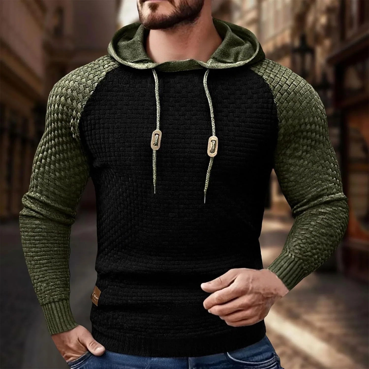 Худи мужское с капюшоном, пэчворк плед жаккард, Generic, 1c-green — фото 3