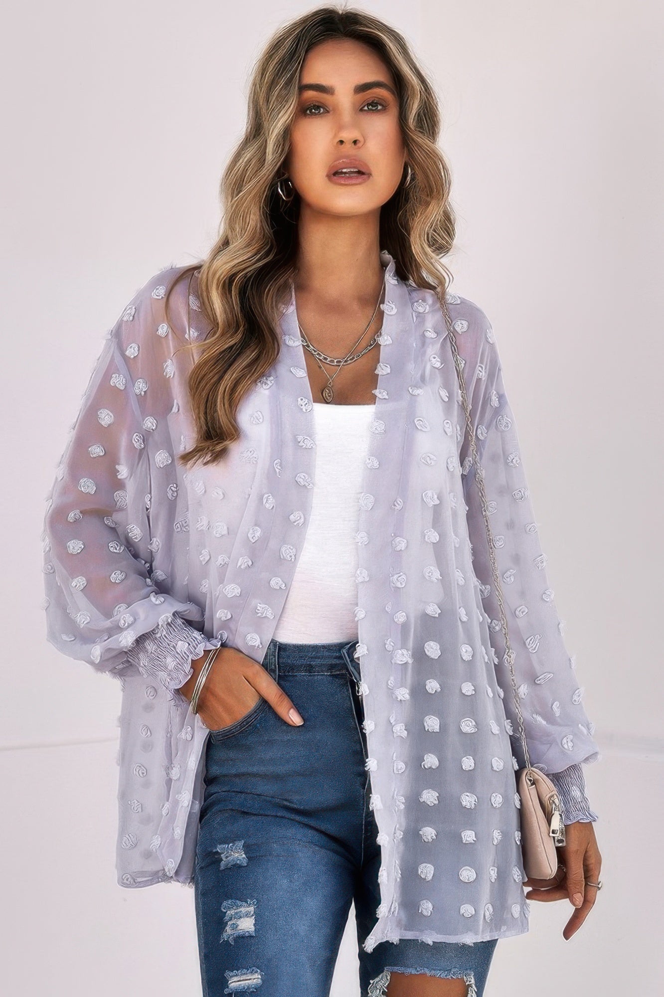 

Polka Dot Kimono Loose Front Open Top TRUEDAMES, фиолетовый