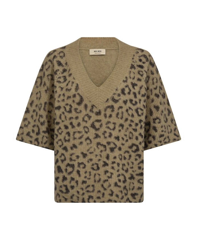 

Вязаный свитер с V-образным вырезом и леопардовым принтом, насыщенного верблюжьего цвета. Mos Mosh, коричневый