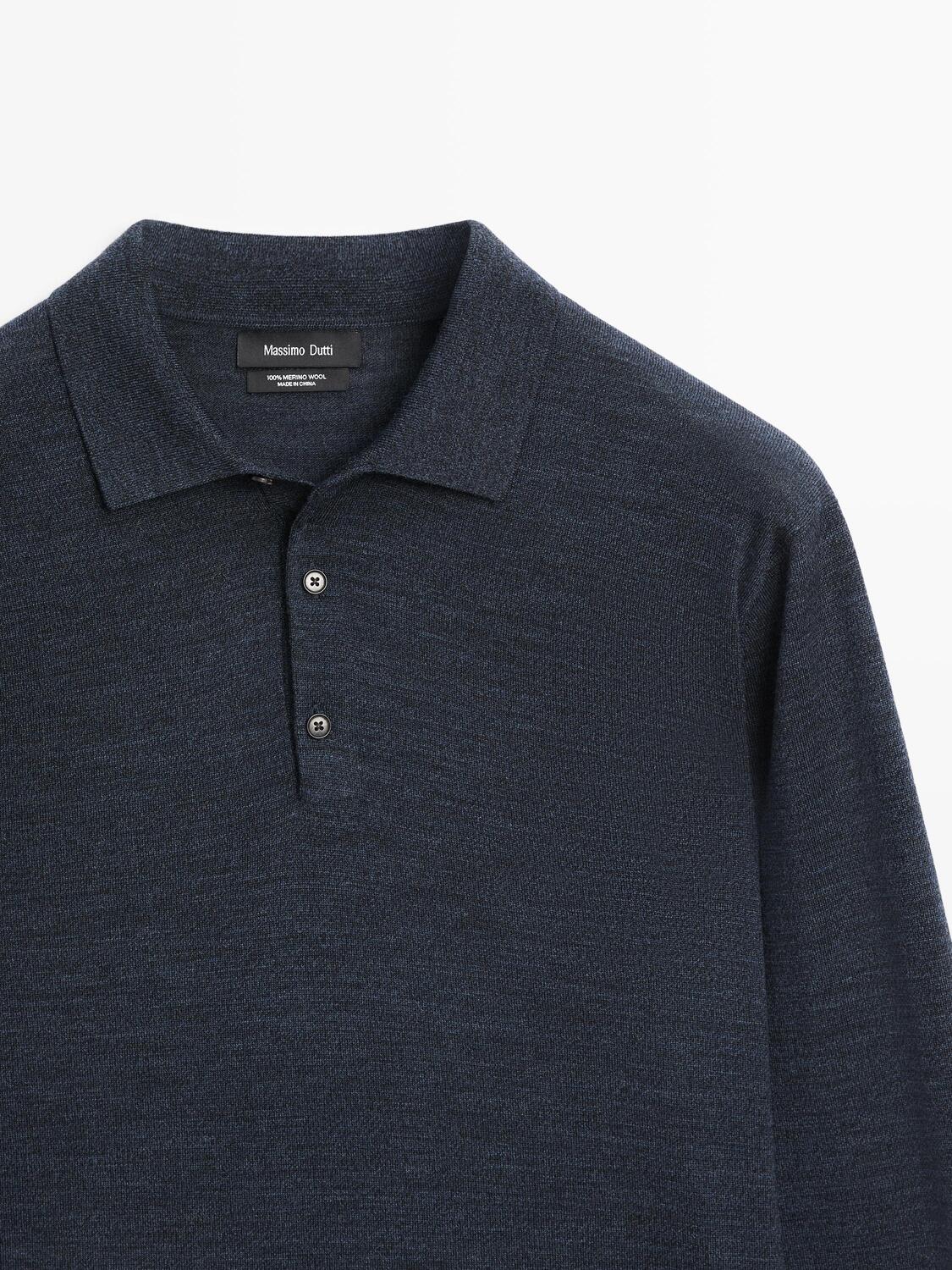 Шерстяной вязаный свитер с воротником поло Massimo Dutti, dark navy — фото 4