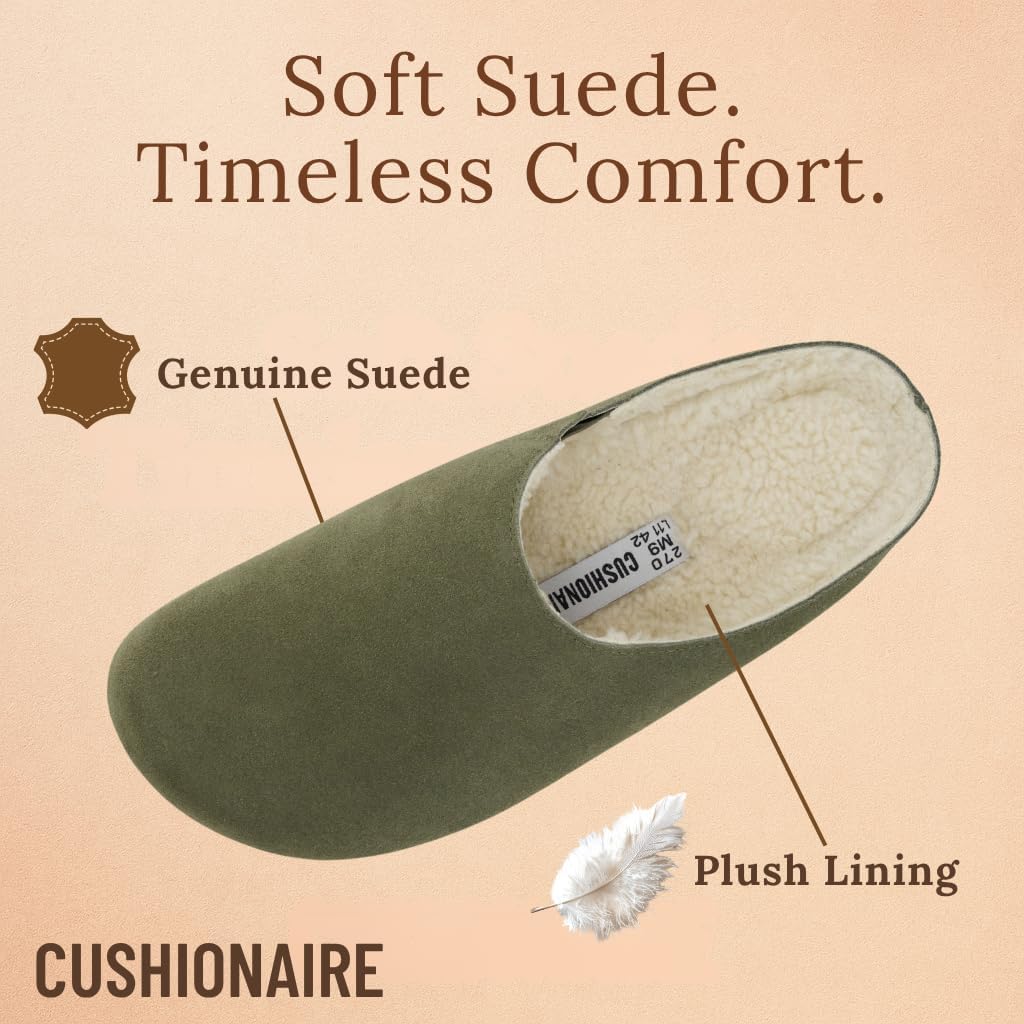 Мужские тапочки CUSHIONAIRE Heath из настоящей замши - уютные домашние сабо с искусственным мехом и ортопедической подошвой с эффектом памяти, для дома и улицы, Olive — фото 4