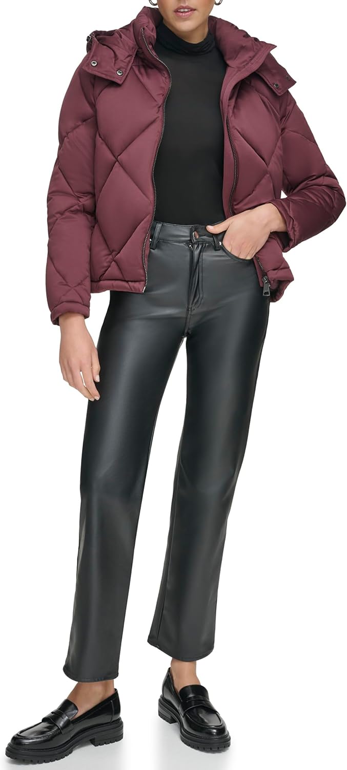 

Calvin Klein Женская стеганая пуховик, Quilted Hood Burgundy
